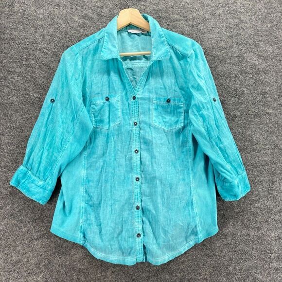 Keren Hart Shirt Women M Medium Blue Button Up Collared Long Sleeve Cotton - Picture 1 of 9